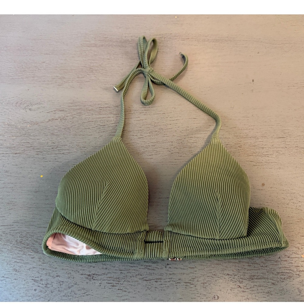 Shade & Shore Olive Green Ribbed Halter Bikini Top 32B Swimwear